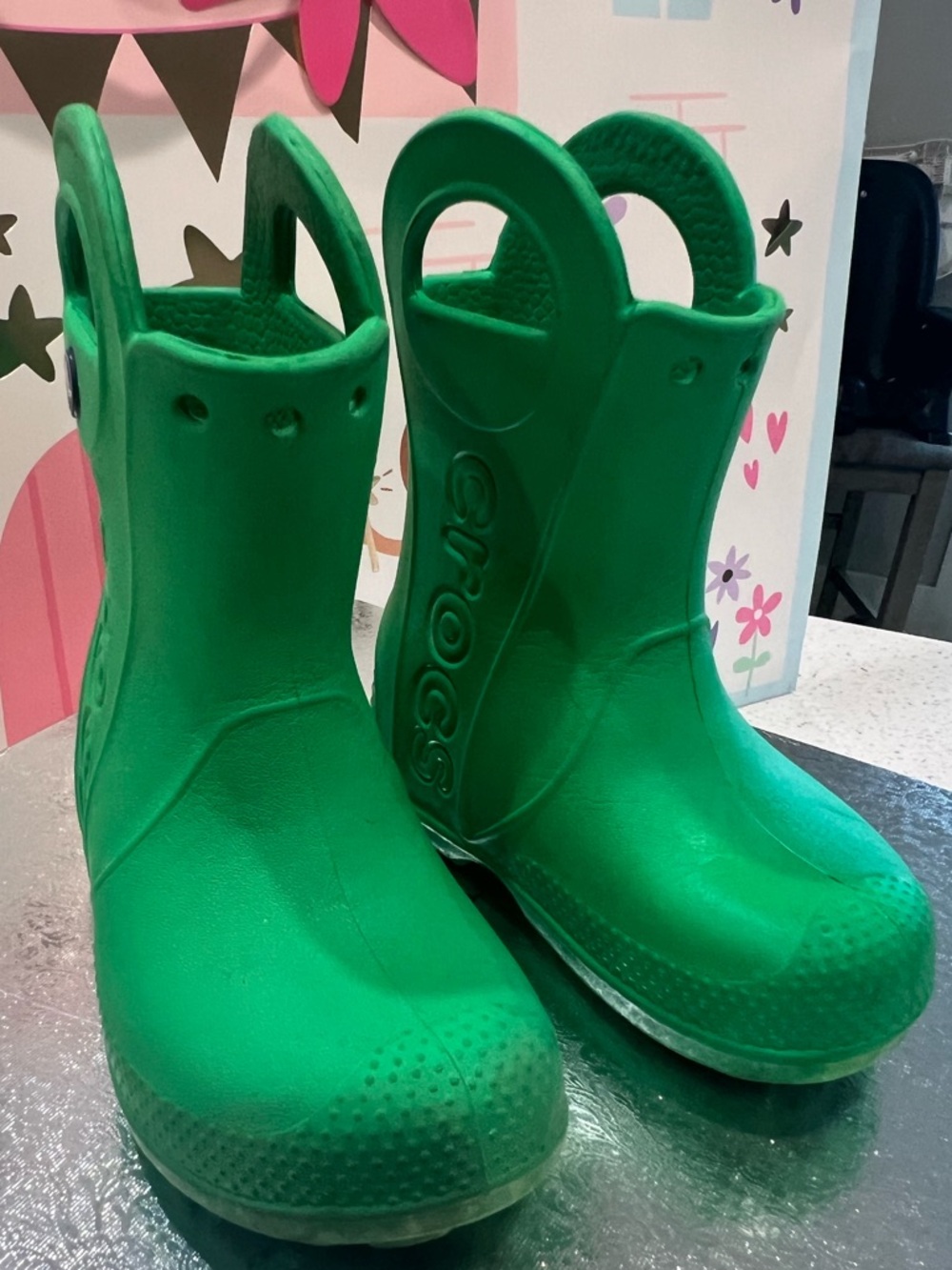 CROCS Bright Green Kids' Waterproof Rain Boots with Easy-Grip Handles